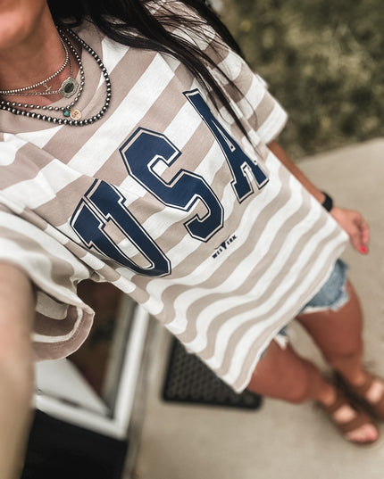 USA [block letters] Dock Stripe T