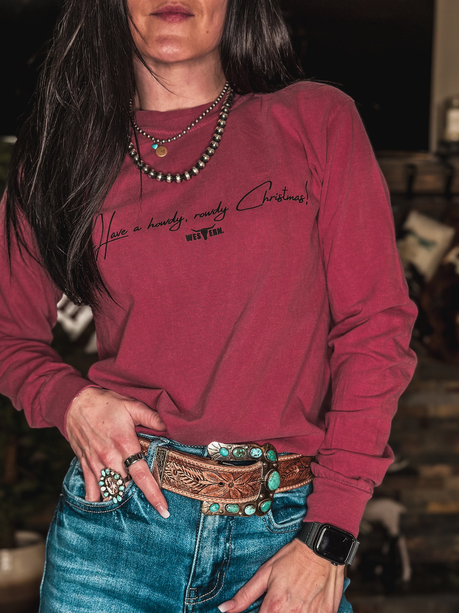 Howdy, Rowdy Christmas Longsleeve - Crimson