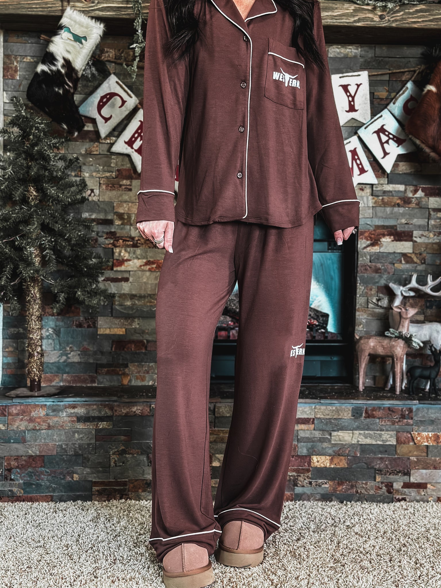 Brand Sleepover Pant PJ Set - Brown