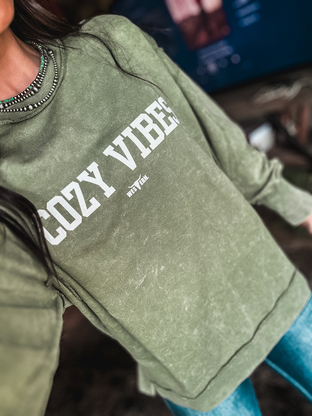 COZY VIBES - Olive Crew Sweater