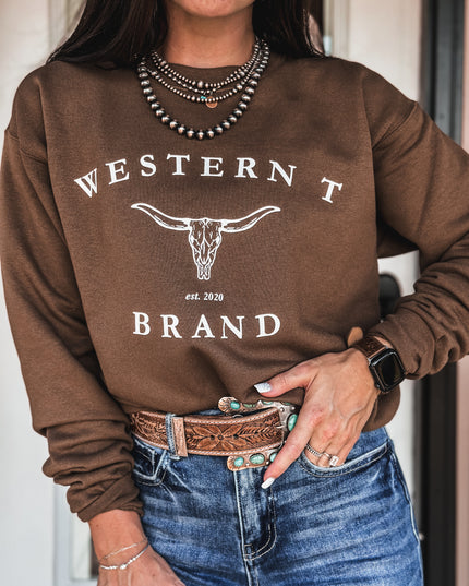 Western T Brand Longhorn Crew - Brown