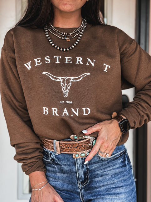 Western T Brand Longhorn Crew - Brown