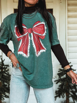 Big Red Bow Oversized T - Vintage Mineral Green