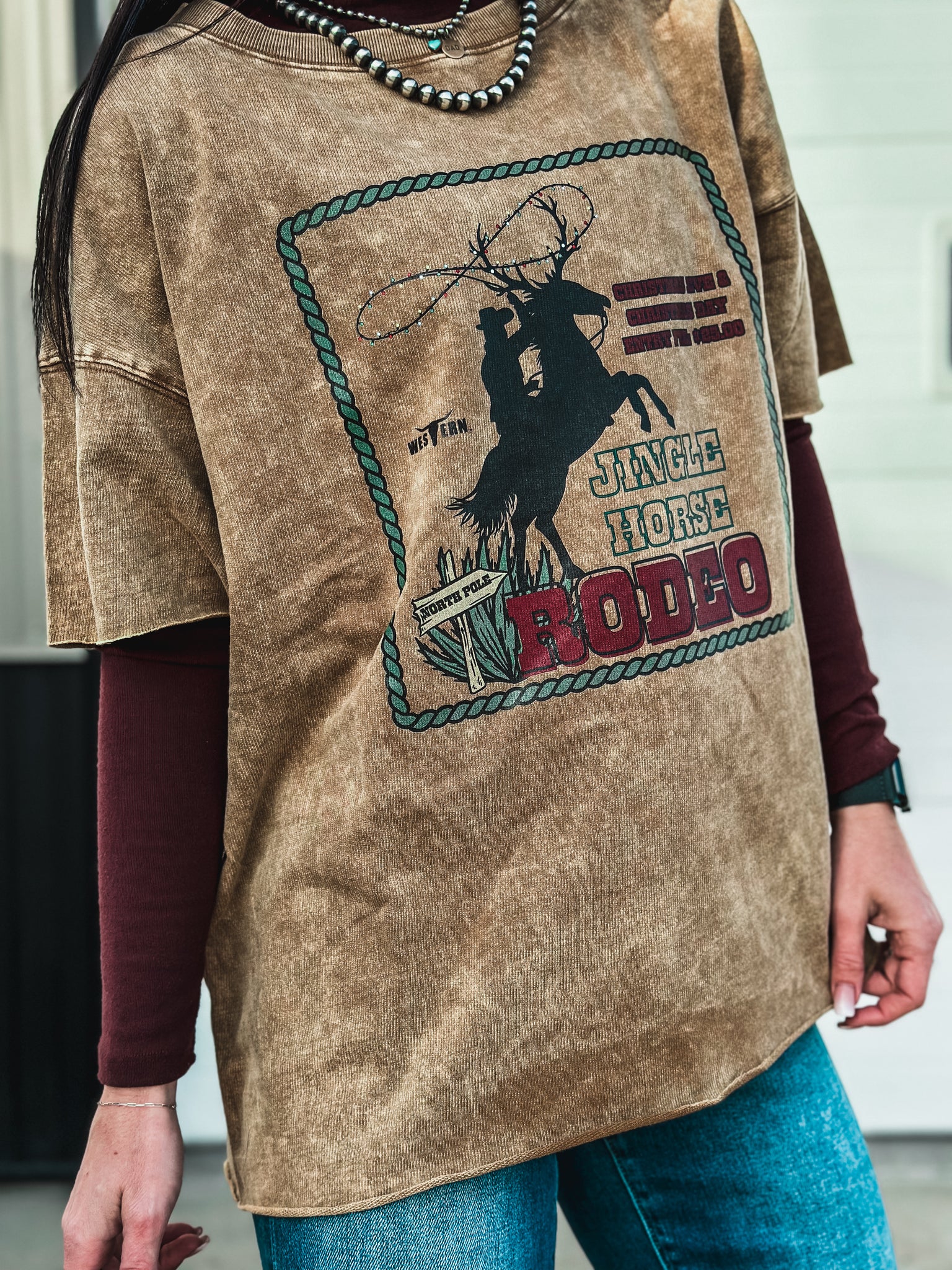 Jingle Horse Rodeo Raw Hem Boxy T - Camel