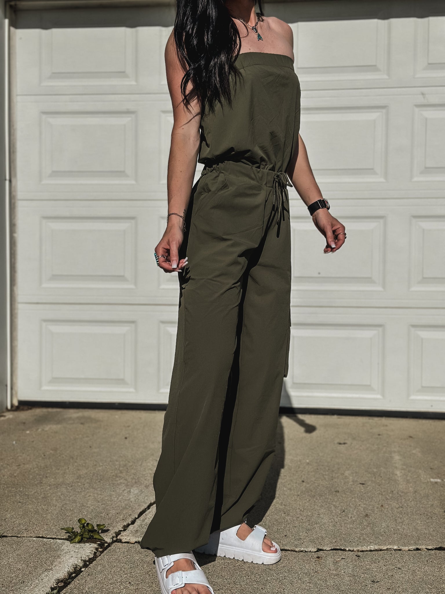 Brand Strapless Cargo Jumpsuit - Army Green