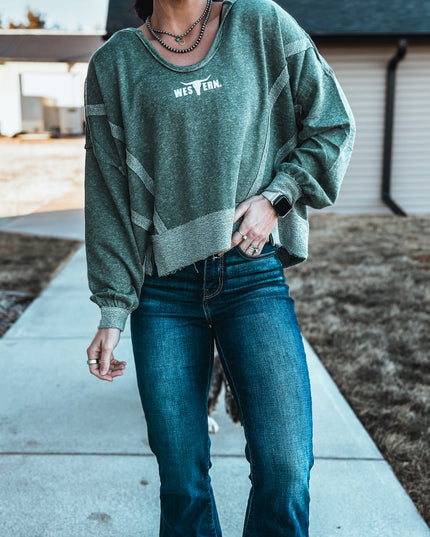 Brand Swoop Raw Hem Hoodie - Dark Green