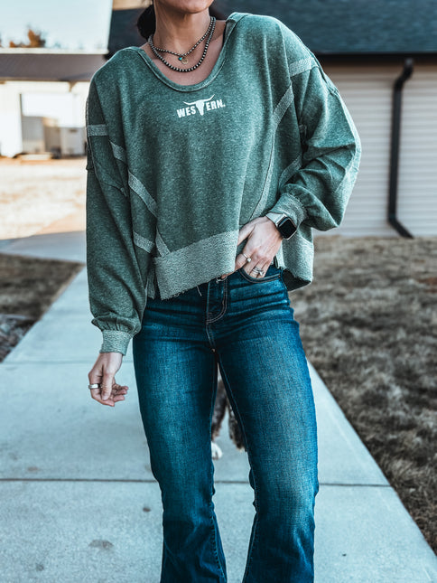 Brand Swoop Raw Hem Hoodie - Dark Green
