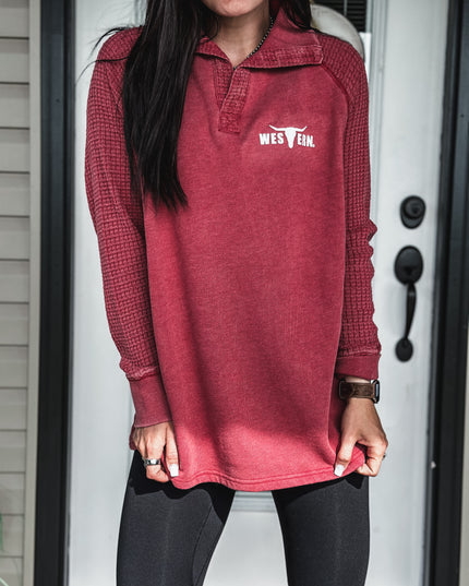 Brand Waffle Knit Pullover - Red