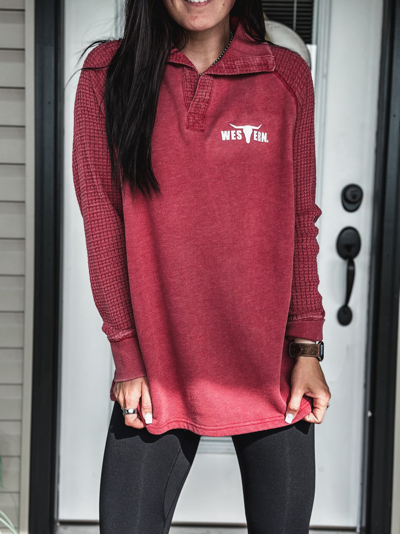Brand Waffle Knit Pullover - Red