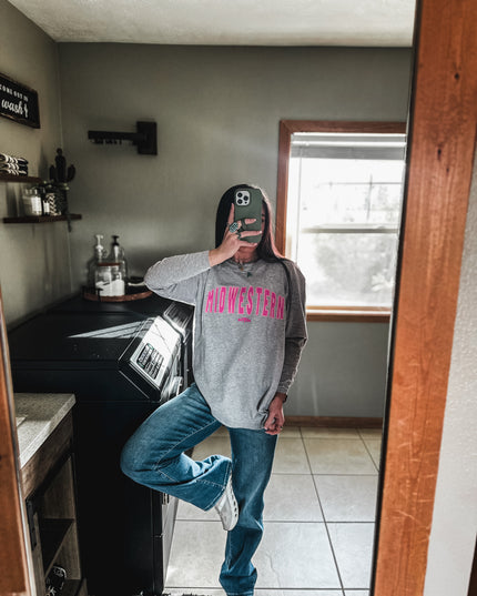 Midwestern (Pinks) Jersey Longsleeve - Heather Grey