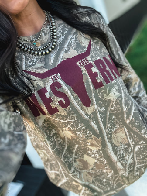 Deadwood Camo Longsleeve - Maroon Logo