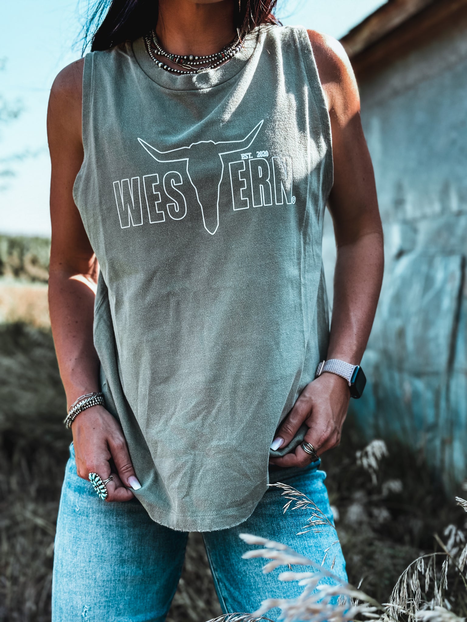 Brand Logo White Outline Tank - Sage