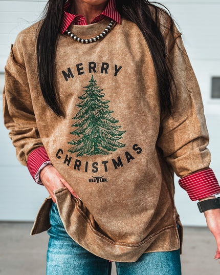 Merry Christmas Tree Crew Sweater - Camel