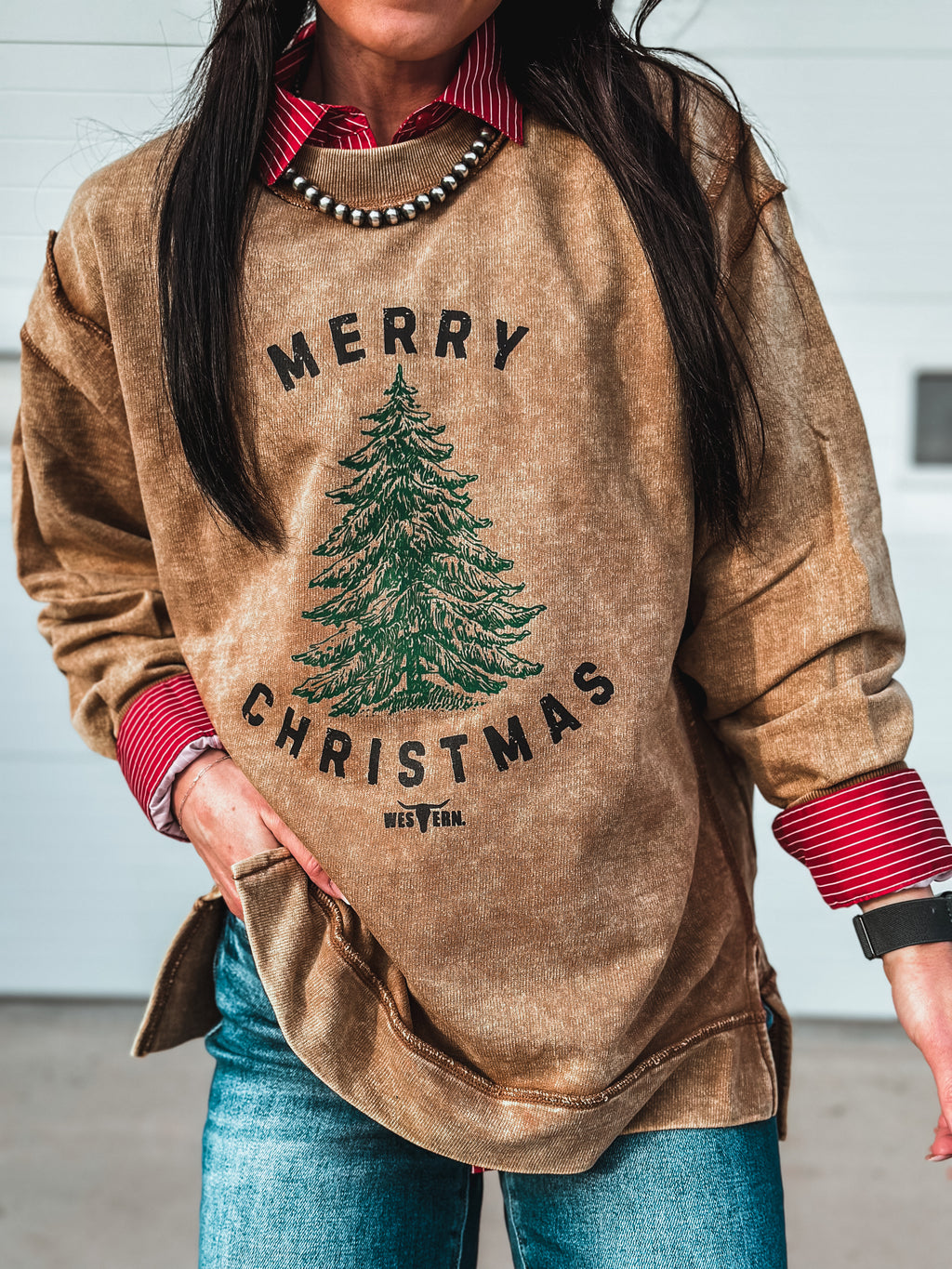 Merry Christmas Tree Crew Sweater - Camel
