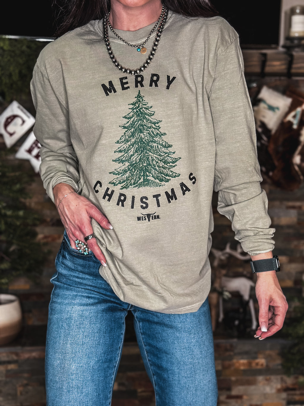 Merry Christmas Tree Longsleeve - Khaki