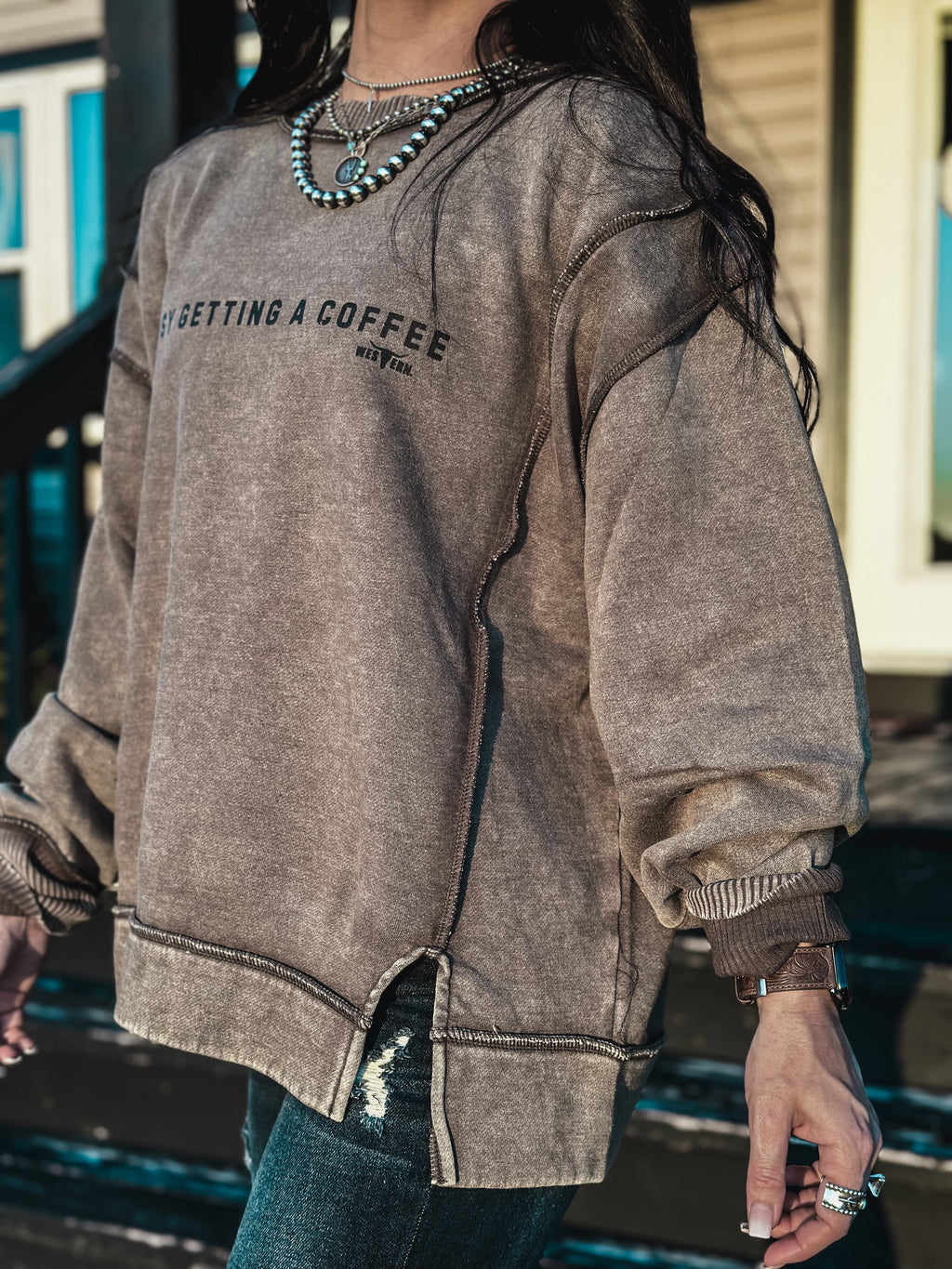 Busy Getting Coffee Crew Sweater - Dark Olive