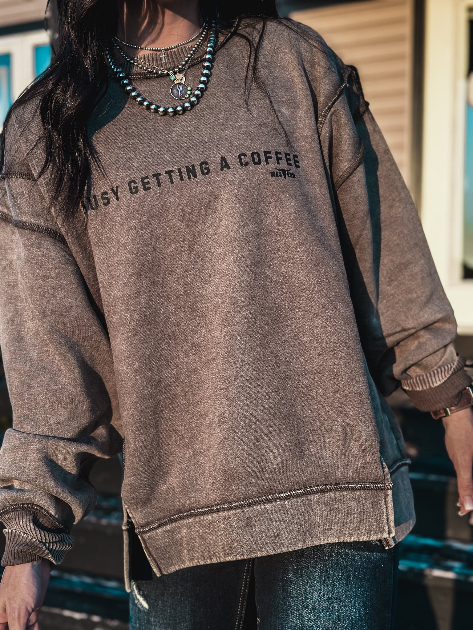 Busy Getting Coffee Crew Sweater - Dark Olive