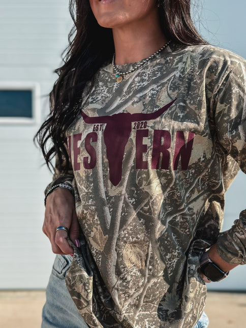 Deadwood Camo Longsleeve - Maroon Logo
