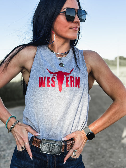 Brand Logo Red Cropped Tank - Grey