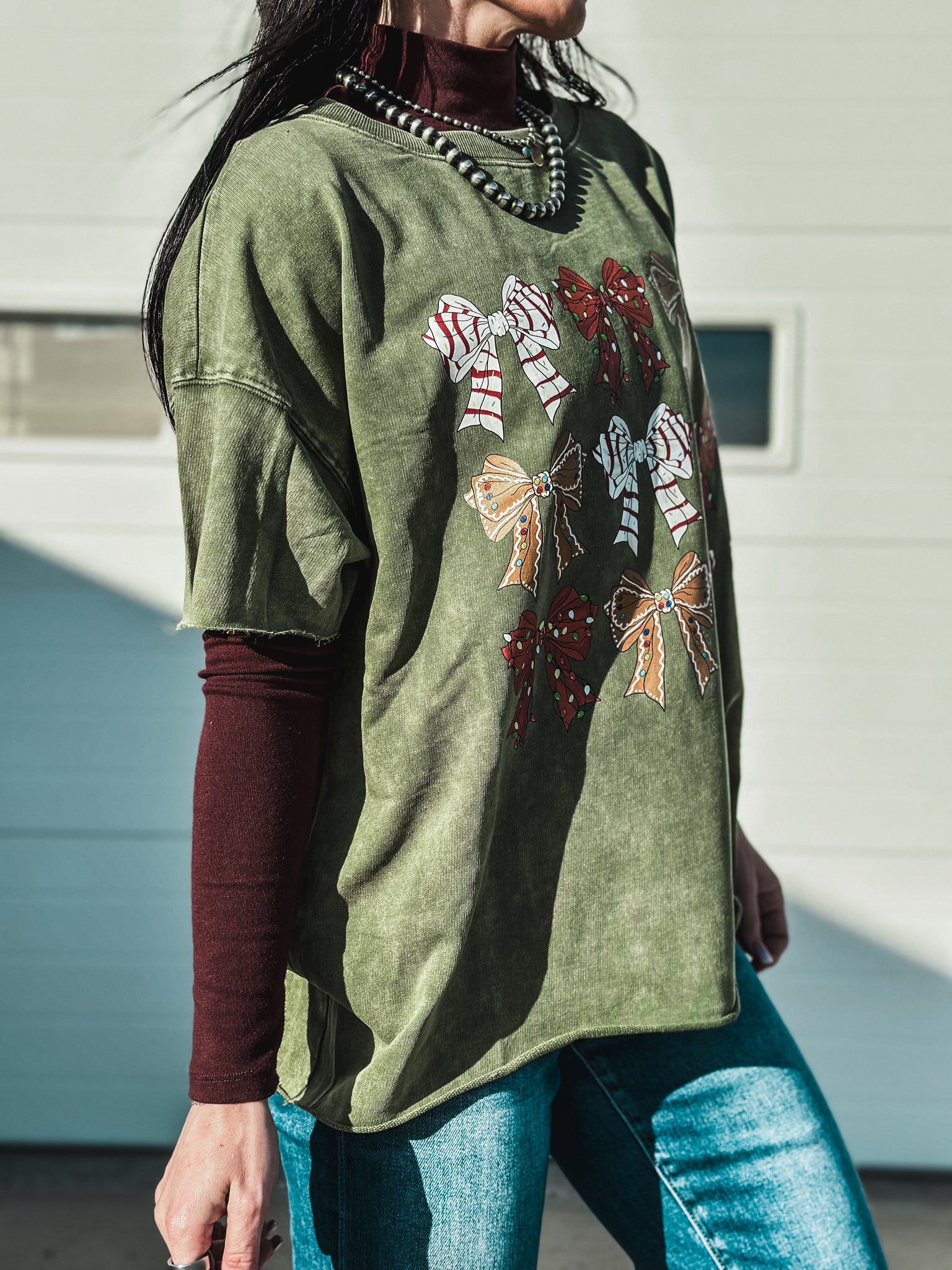 9 Little Bows Raw Hem Boxy T - Mineral Olive