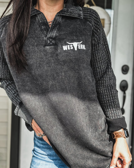 Brand Waffle Knit Pullover - Black