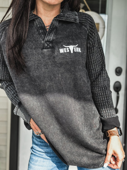 Brand Waffle Knit Pullover - Black