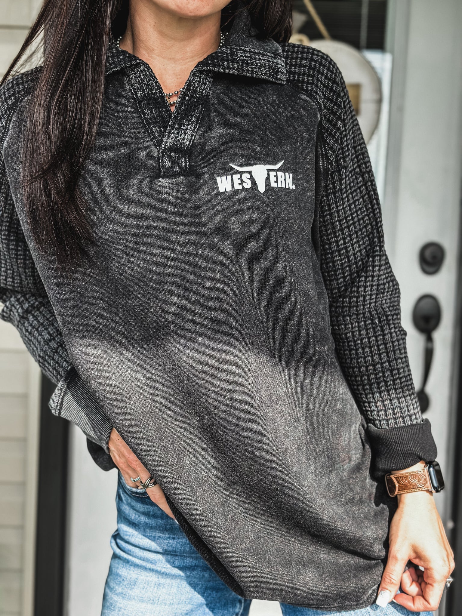 Brand Waffle Knit Pullover - Black