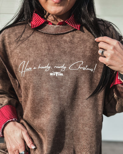 Howdy, Rowdy Christmas Crew Sweater - Mocha