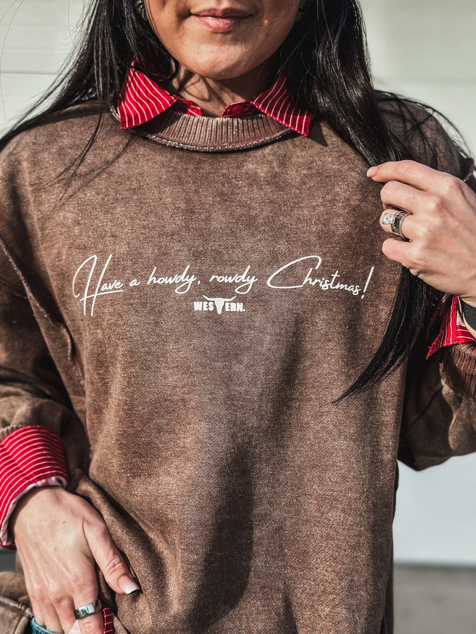 Howdy, Rowdy Christmas Crew Sweater - Mocha
