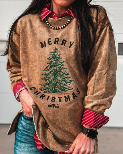 Merry Christmas Tree Crew Sweater - Camel