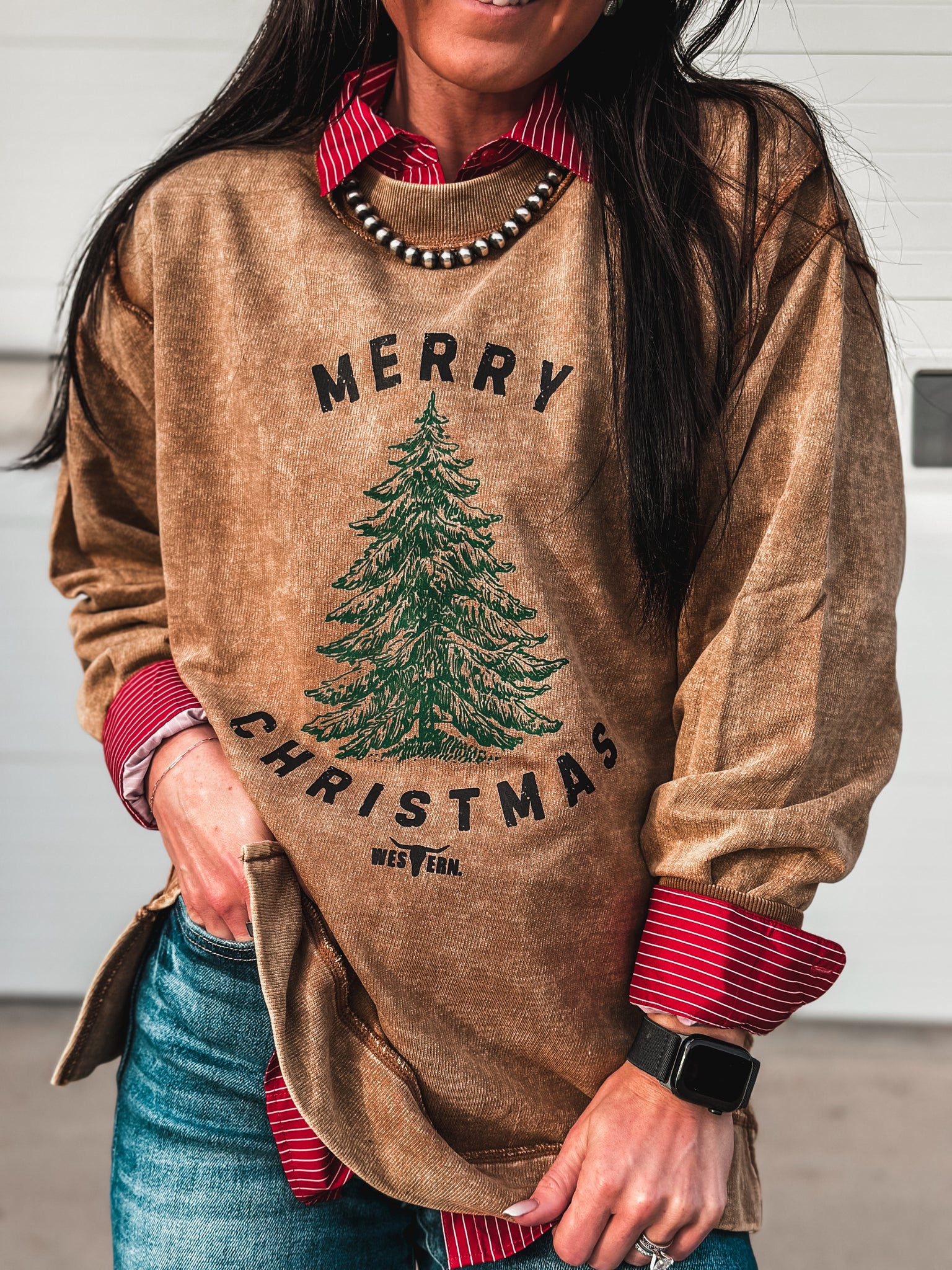 Merry Christmas Tree Crew Sweater - Camel