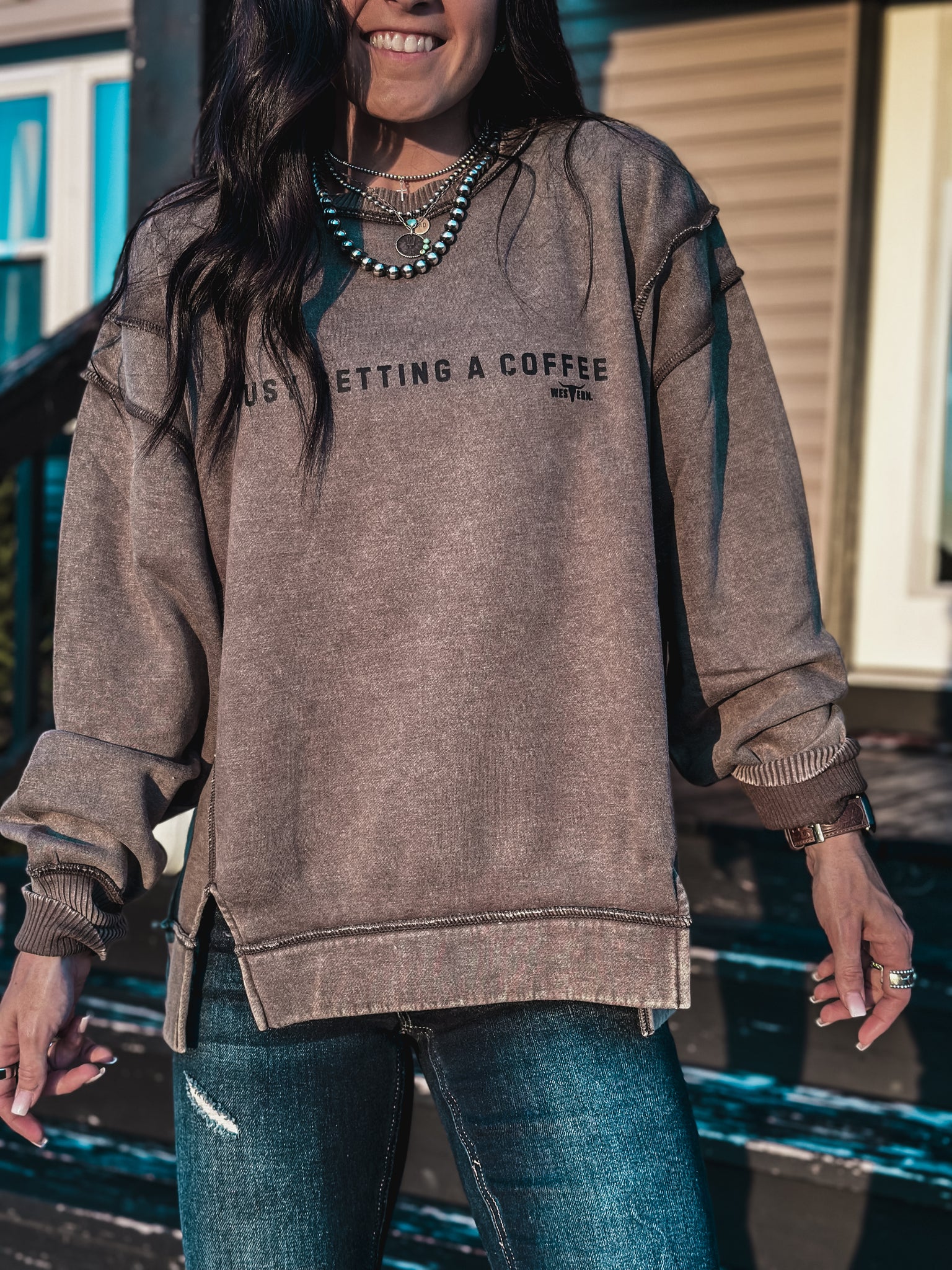 Busy Getting Coffee Crew Sweater - Dark Olive