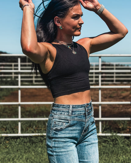 Brand Seamless Crop Tank - Black