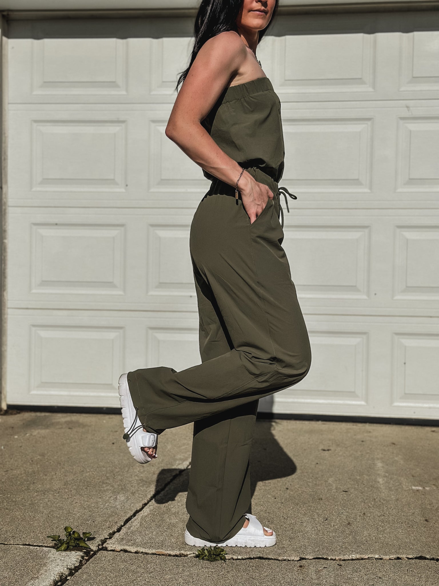 Brand Strapless Cargo Jumpsuit - Army Green