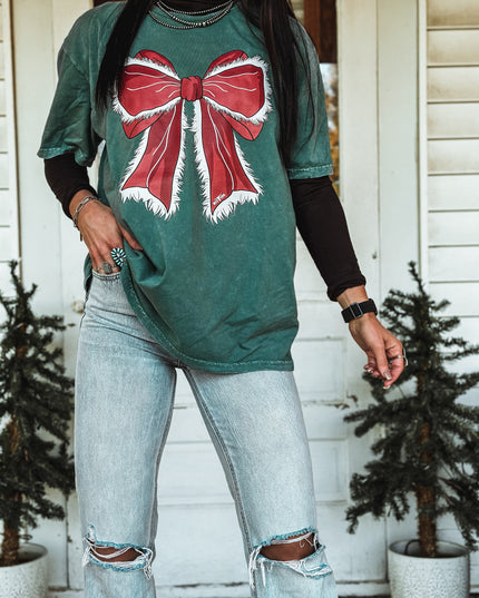 Big Red Bow Oversized T - Vintage Mineral Green