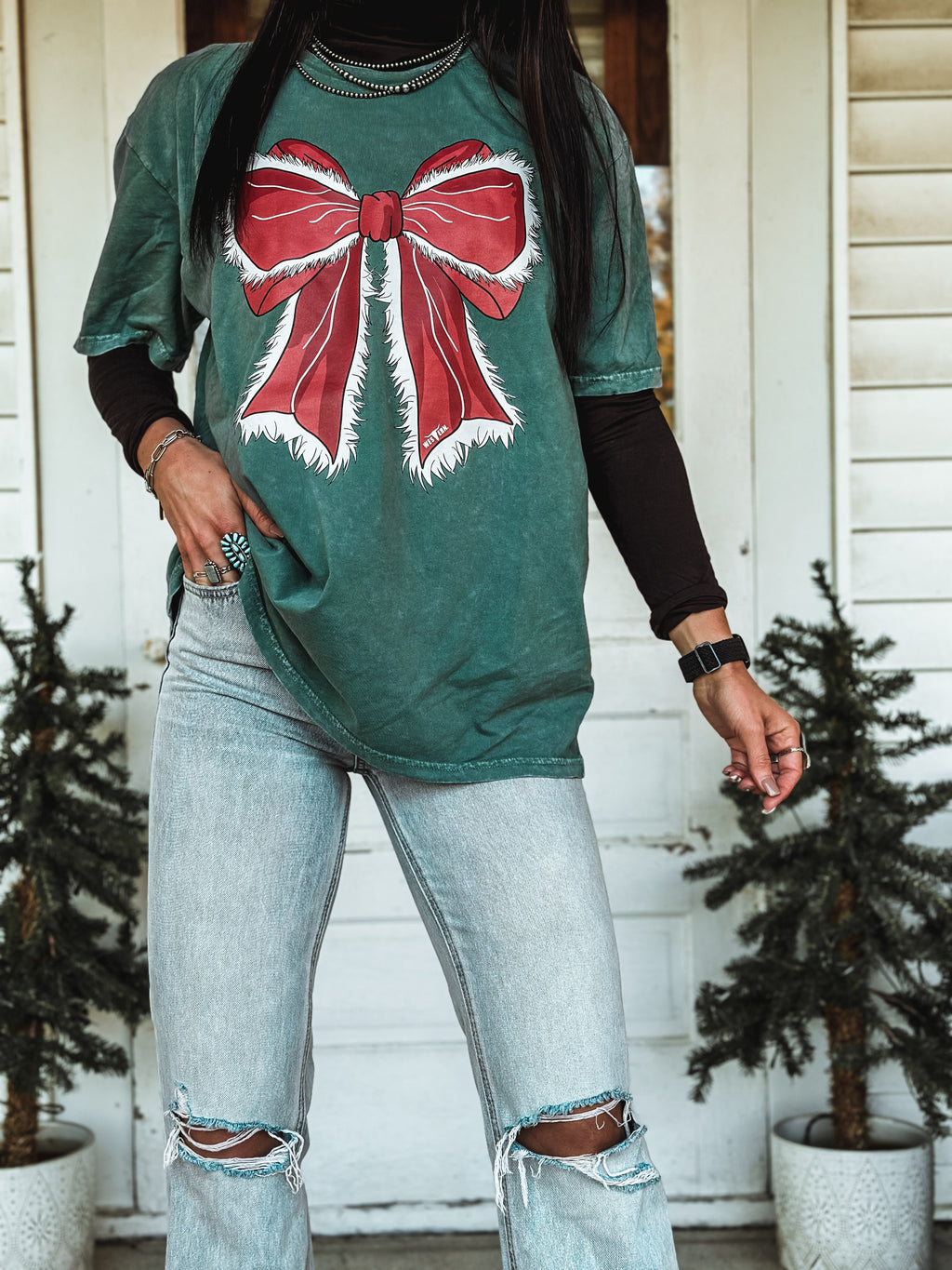 Big Red Bow Oversized T - Vintage Mineral Green