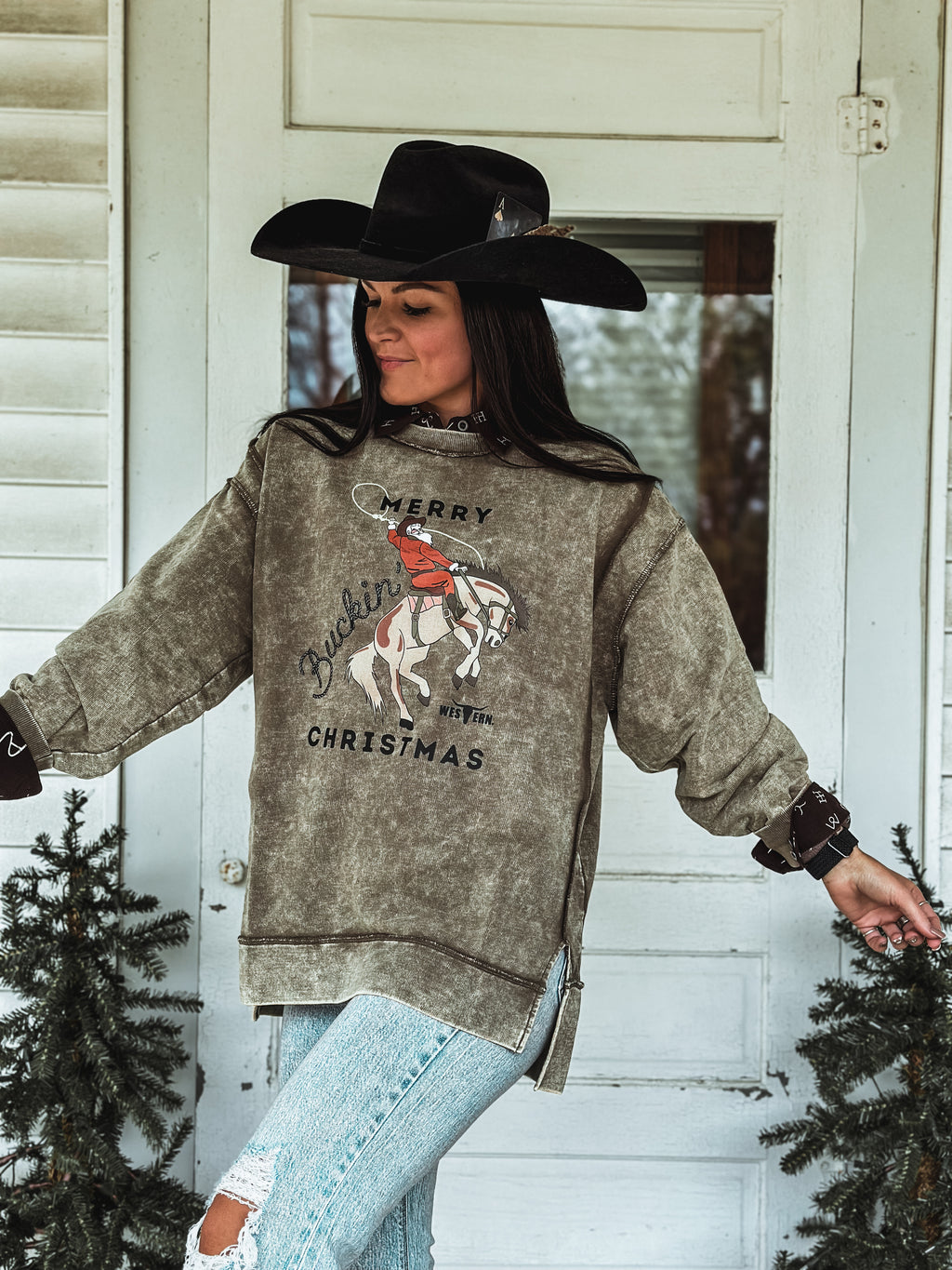 Buckin' Christmas Crew Sweater- Mocha