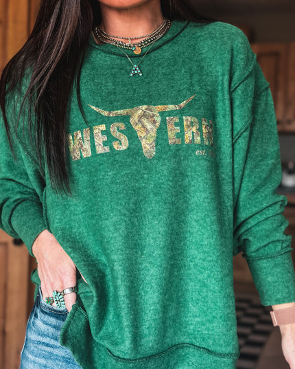 Brand Brushed Crew Sweater - Forest/Camo