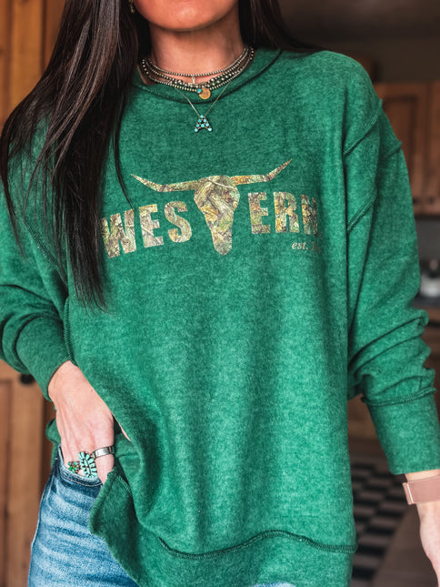 Brand Brushed Crew Sweater - Forest/Camo