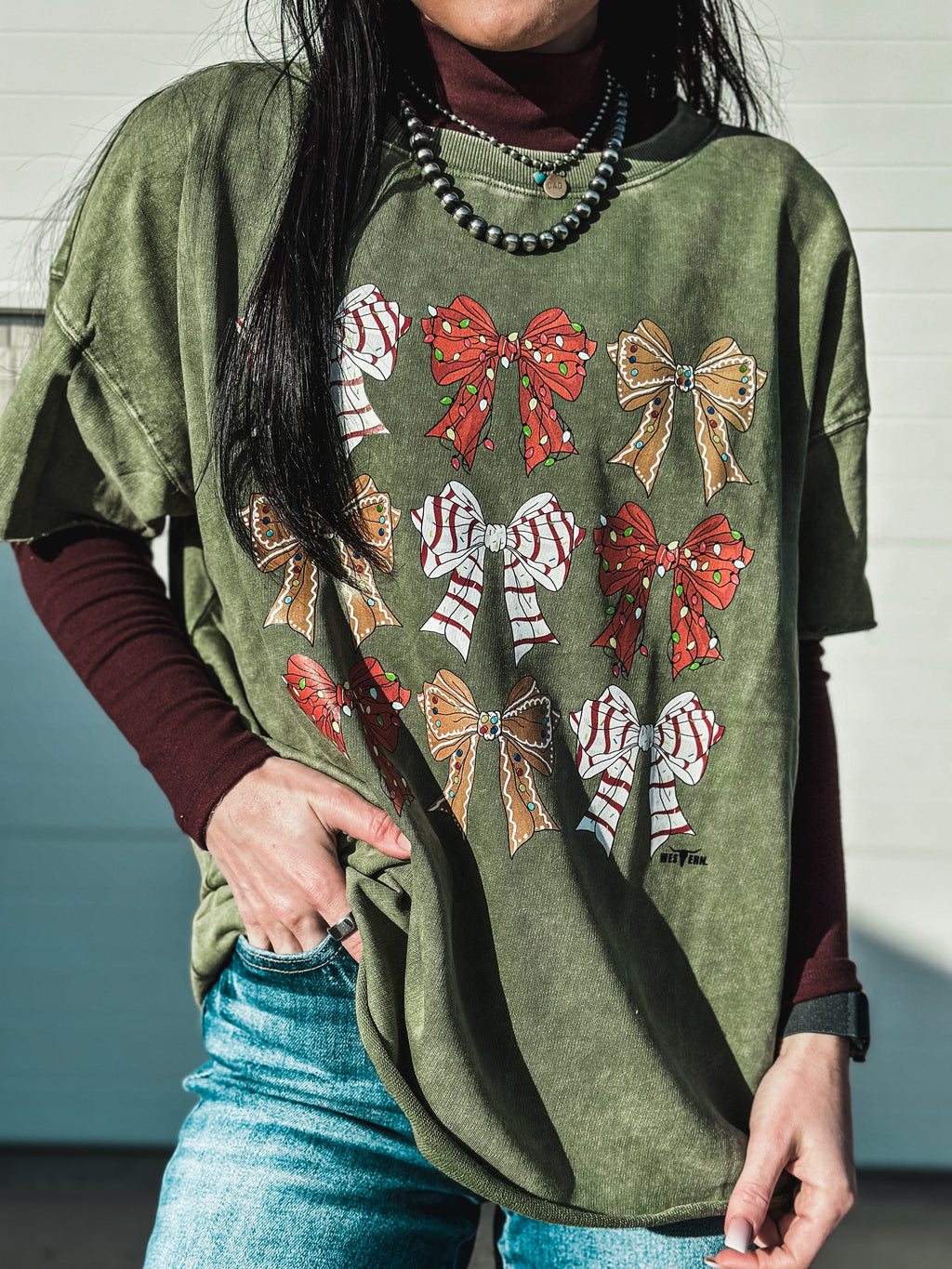 9 Little Bows Raw Hem Boxy T - Mineral Olive