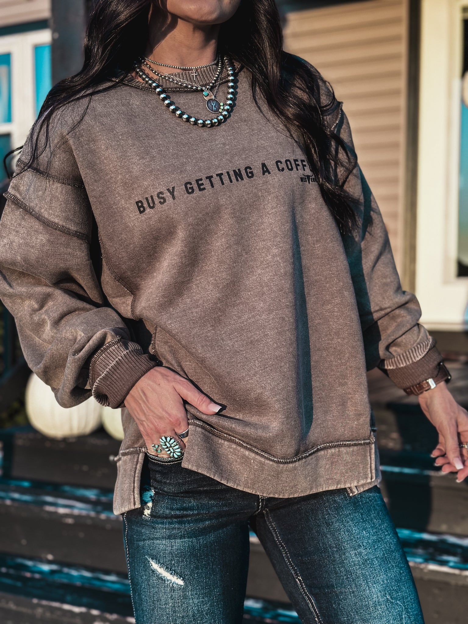 Busy Getting Coffee Crew Sweater - Dark Olive