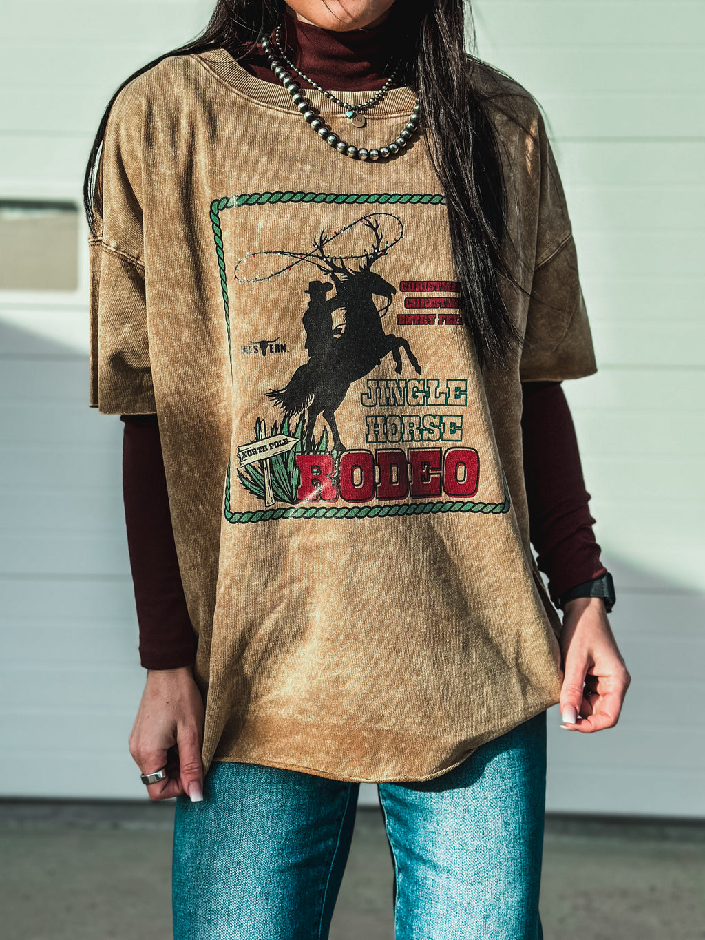 Jingle Horse Rodeo Raw Hem Boxy T - Camel