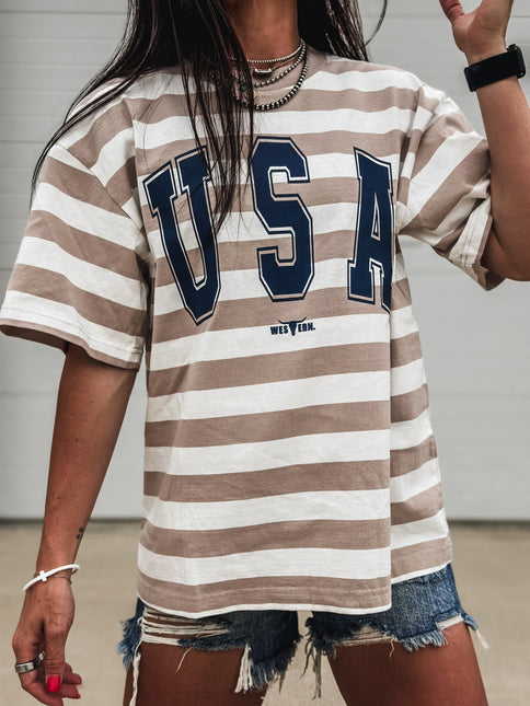USA [block letters] Dock Stripe T