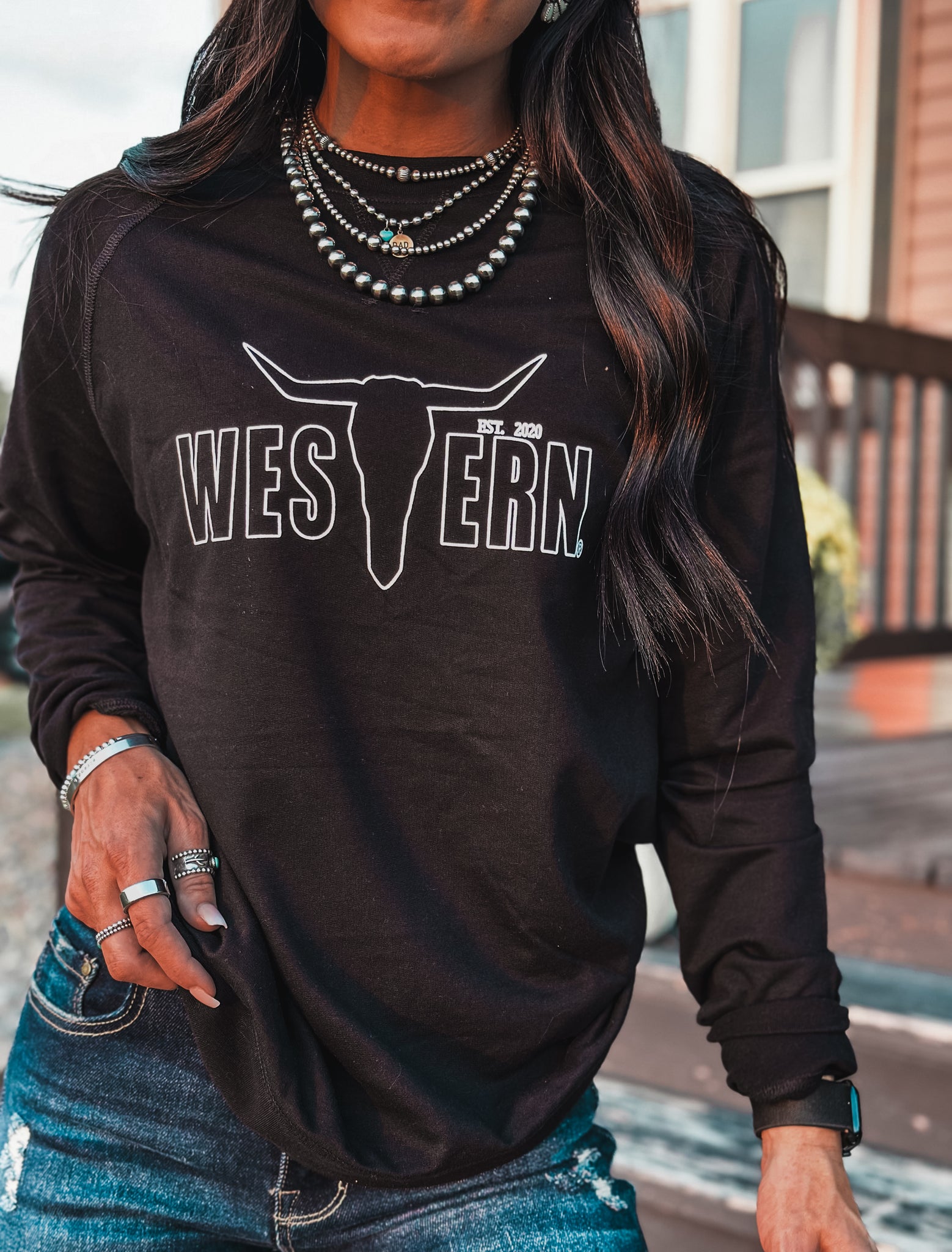 Brand Outline Logo Lightweight Raglan Crew - Black
