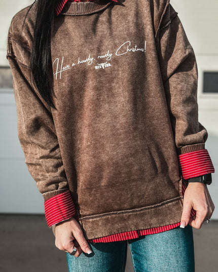 Howdy, Rowdy Christmas Crew Sweater - Mocha