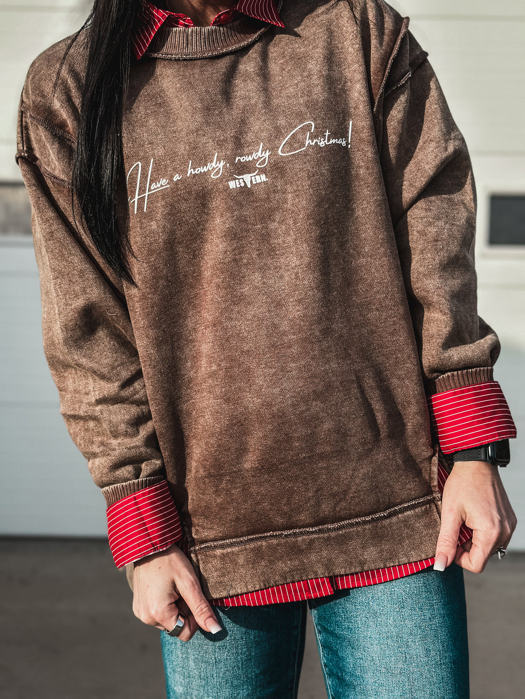 Howdy, Rowdy Christmas Crew Sweater - Mocha