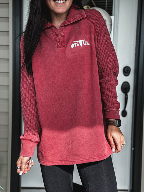 Brand Waffle Knit Pullover - Red
