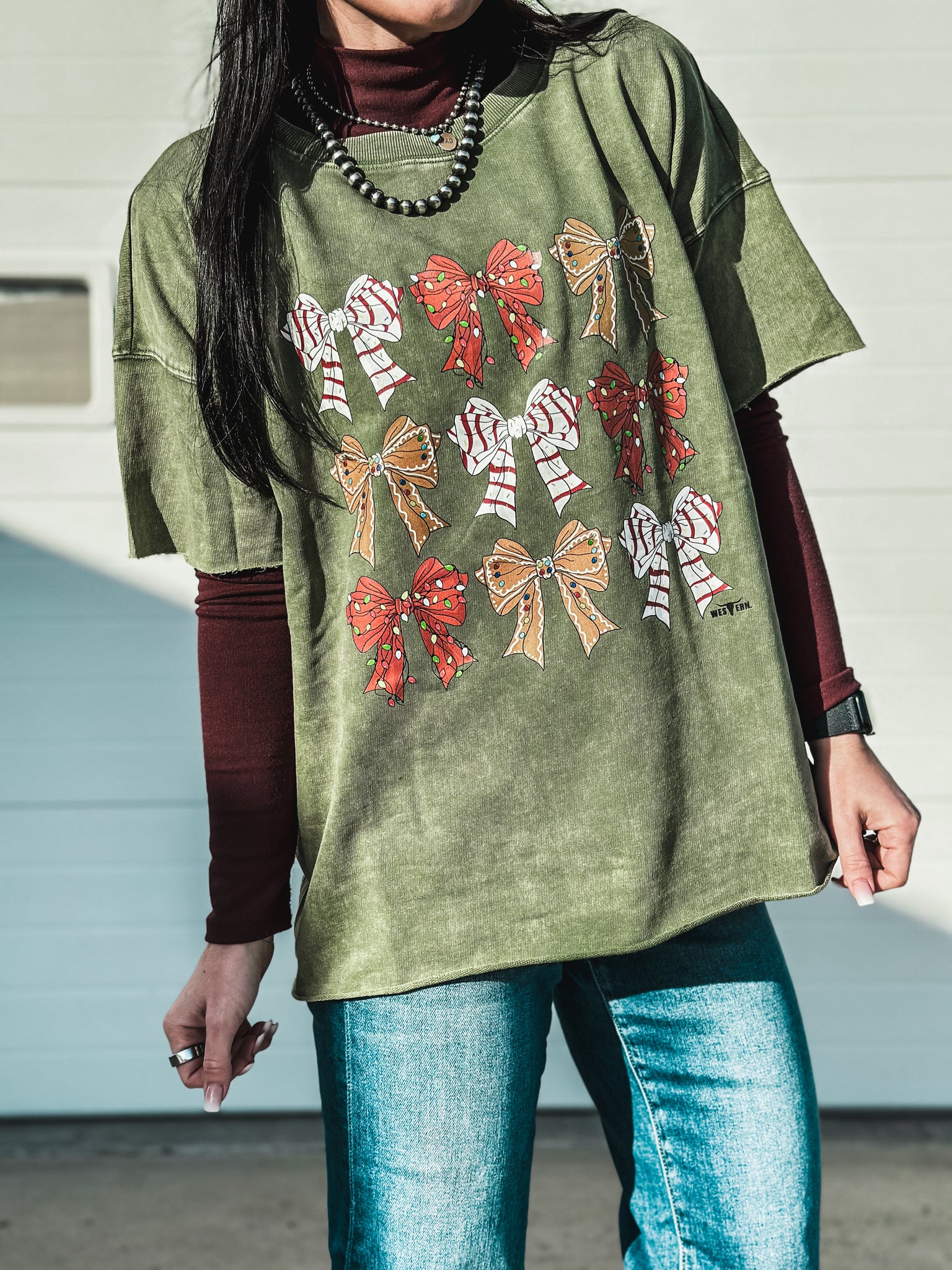 9 Little Bows Raw Hem Boxy T - Mineral Olive