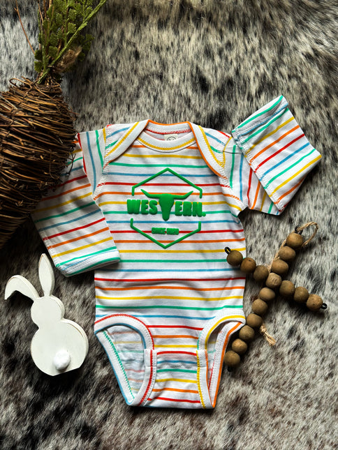 Brand Green PUFF Logo Longsleeve Onesie - Sunny Stripes