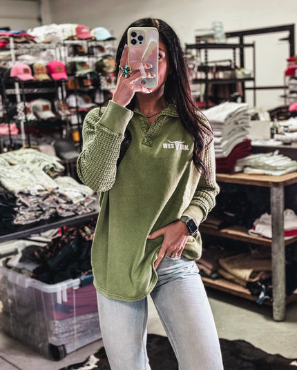 Brand Waffle Knit Pullover - Green Olive